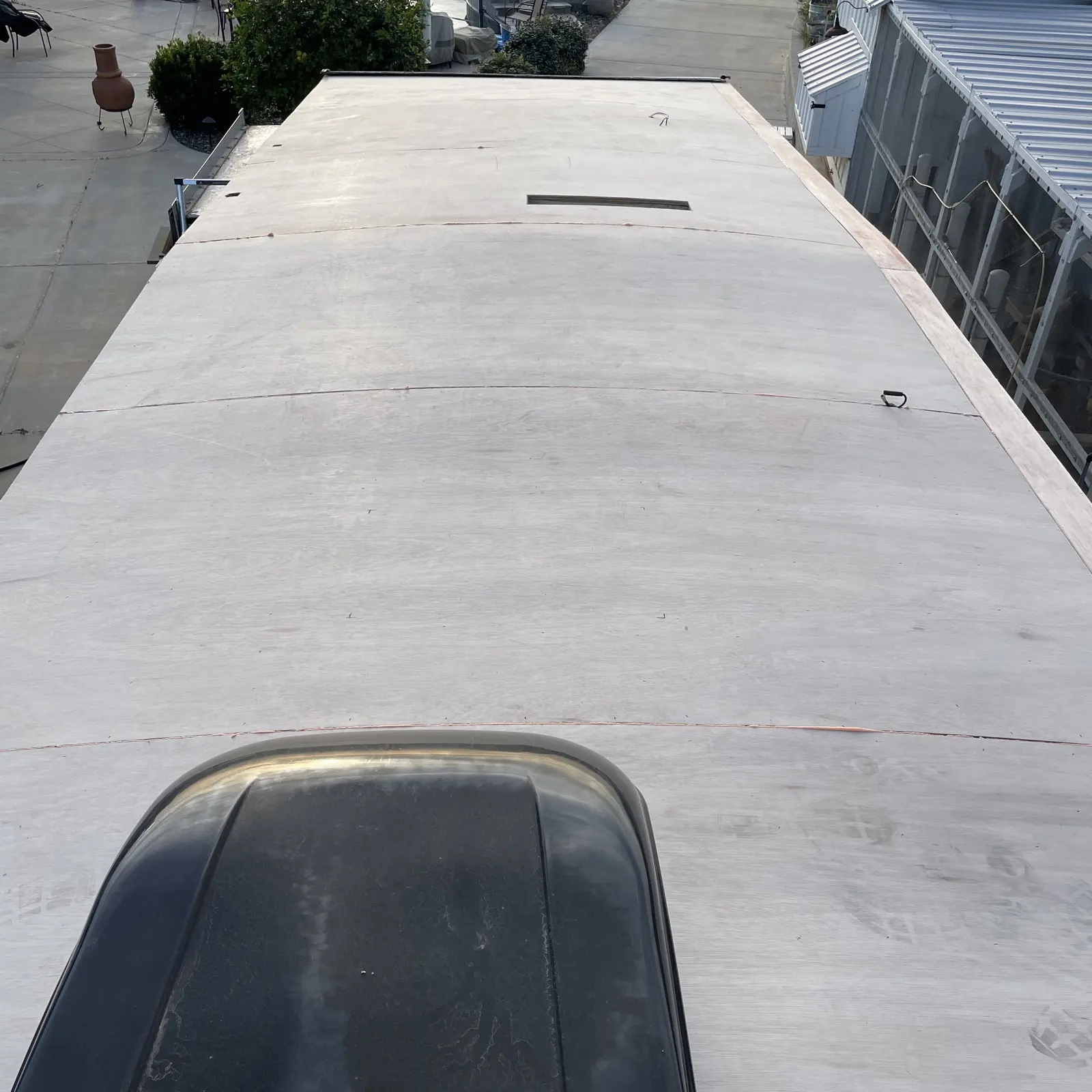Full new plywood deck on an RV roof before the final membrane